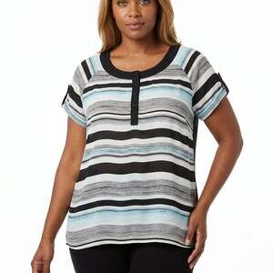 CATO WOMAN Cato Striped Chiffon Short Sleeve Scoop Neck Relaxed Top